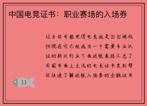 中国电竞证书：职业赛场的入场券